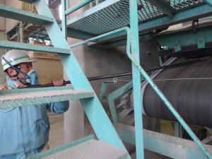 ベルトコンベアに不着した異物を削り落とす内田さん